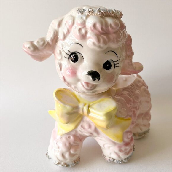 Vintage Cute Lamb Planter Pink Ceramic Figurine Nursery Decor 1961 Japan - Picture 1 of 16